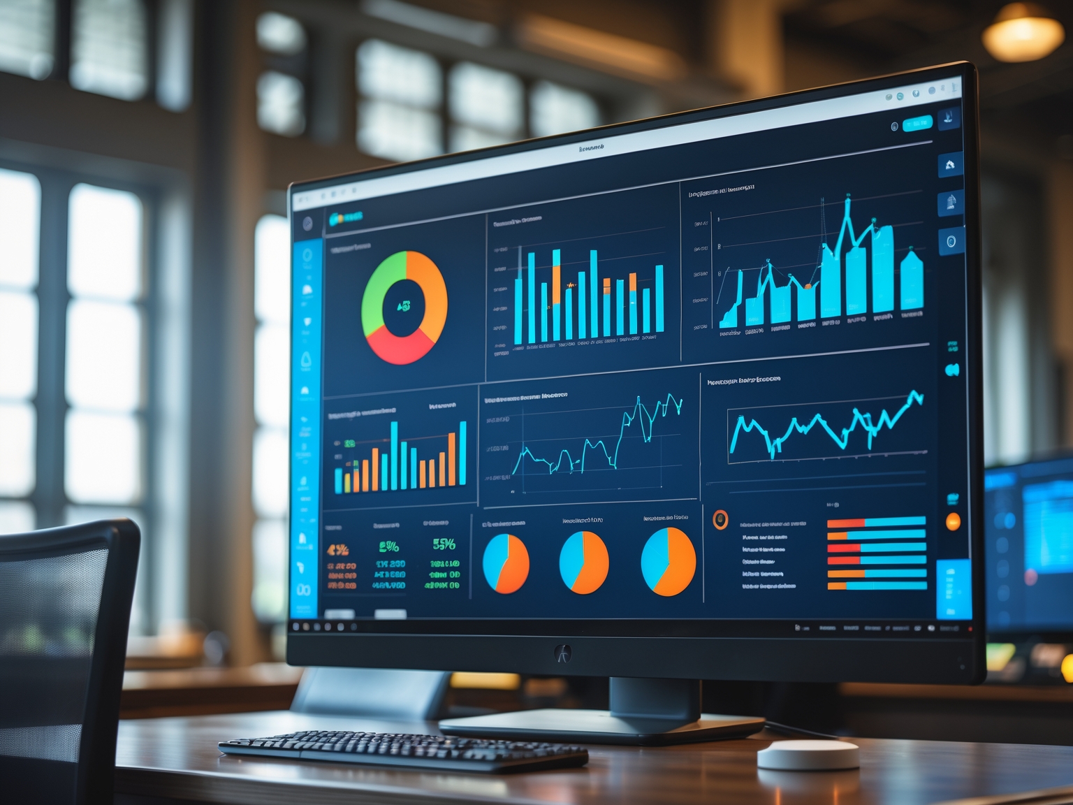 Large monitor displaying AI analytics software with charts and metrics