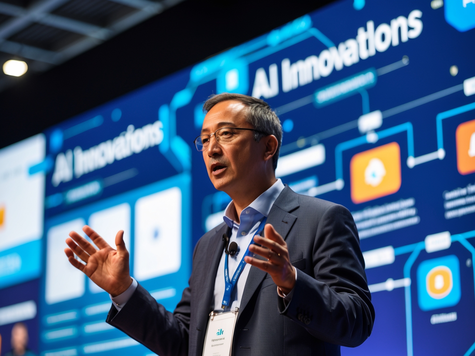 Speaker at a tech conference gesturing to slides on AI innovations