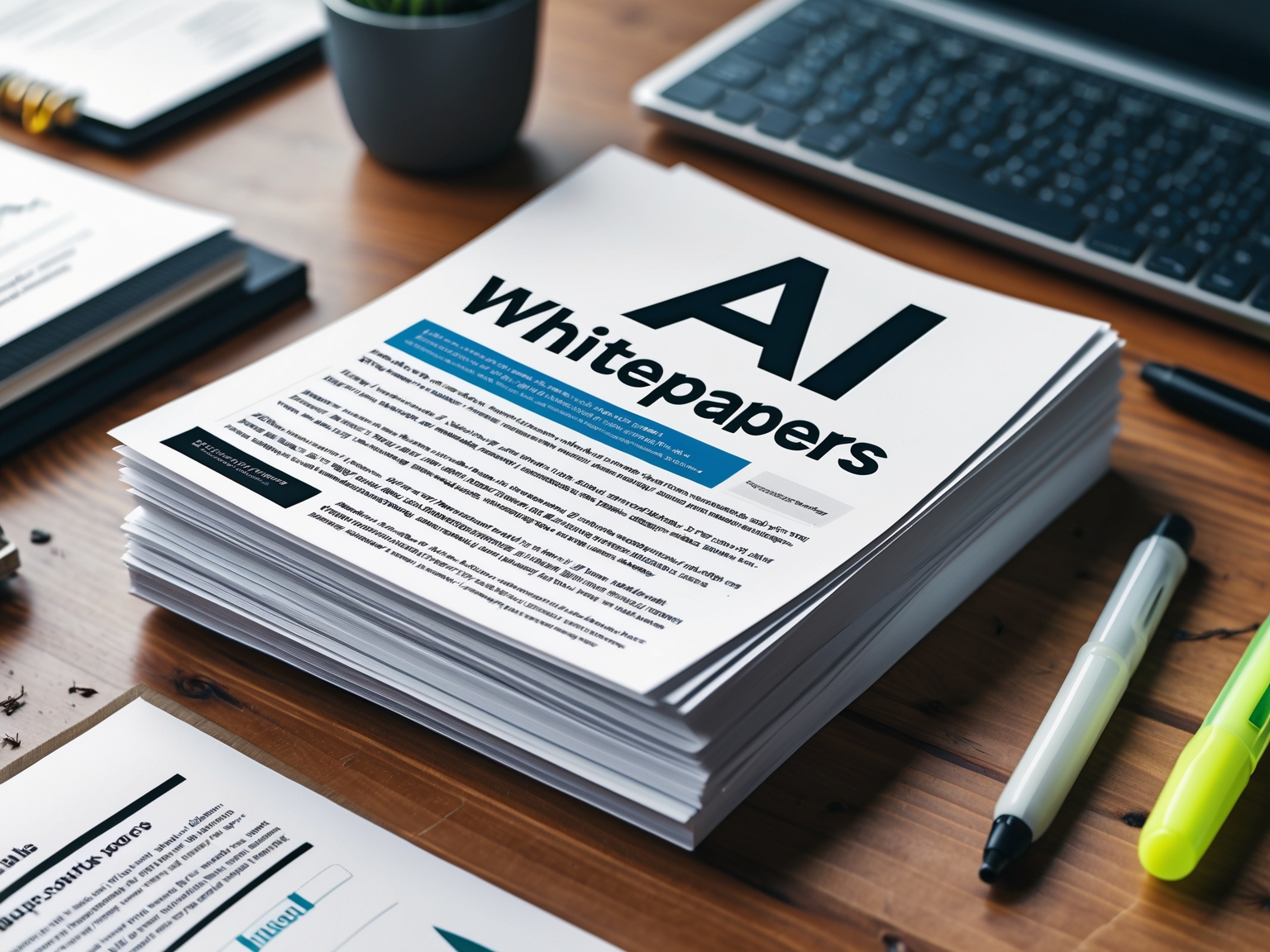 Stack of printed AI whitepapers on a desk with pen and highlighter