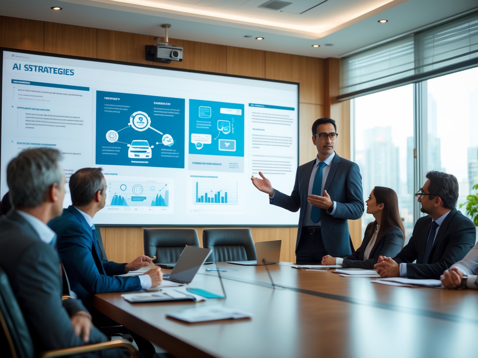 Businessman presenting AI strategies in a boardroom