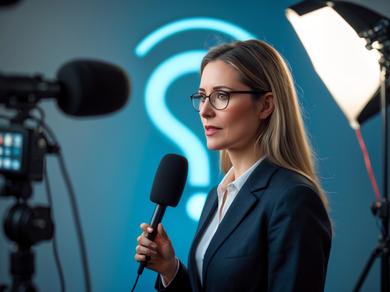 Female AI expert being interviewed in a studio with microphones and lights