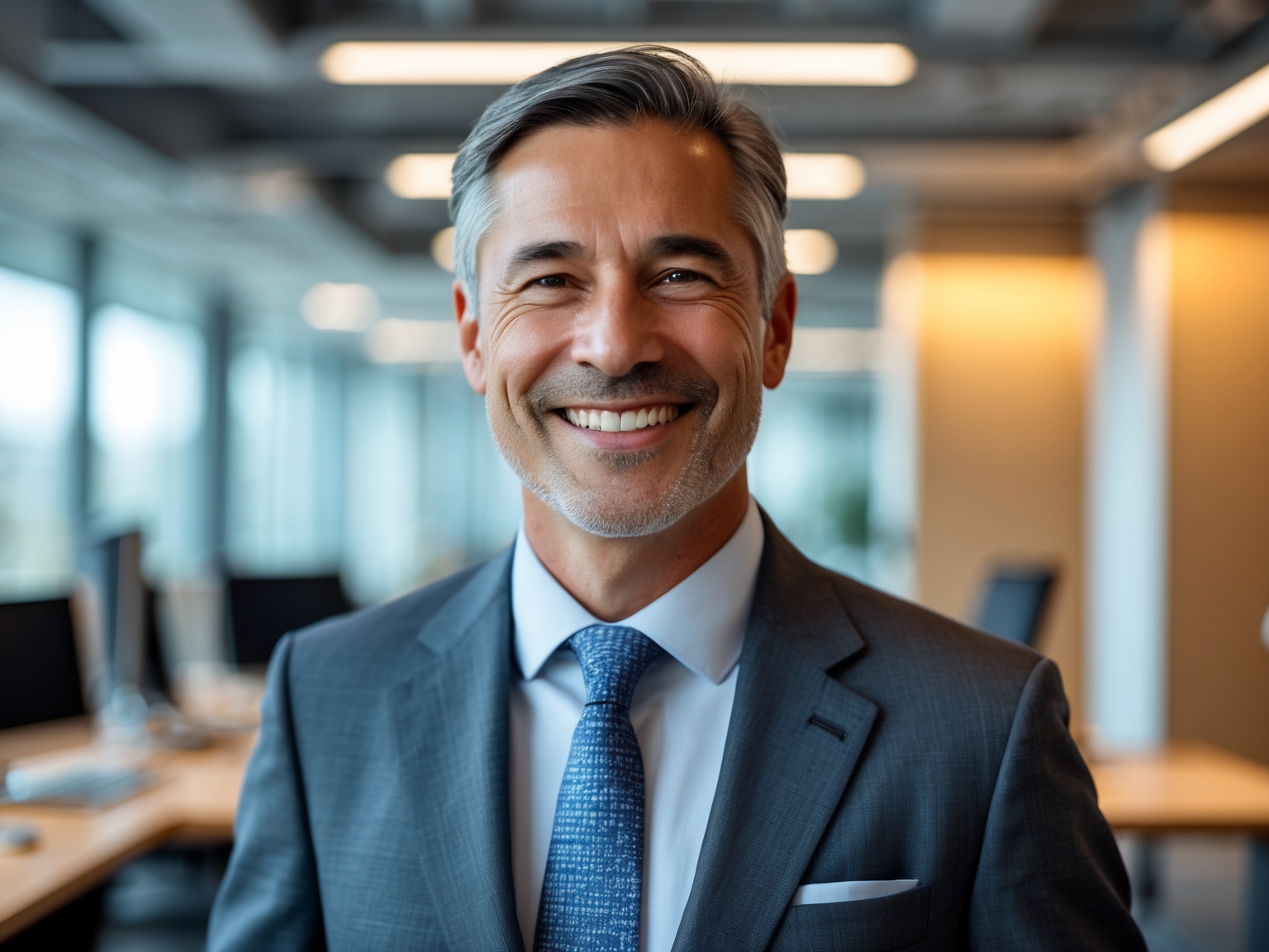 Professional portrait of the founder smiling confidently in a corporate office