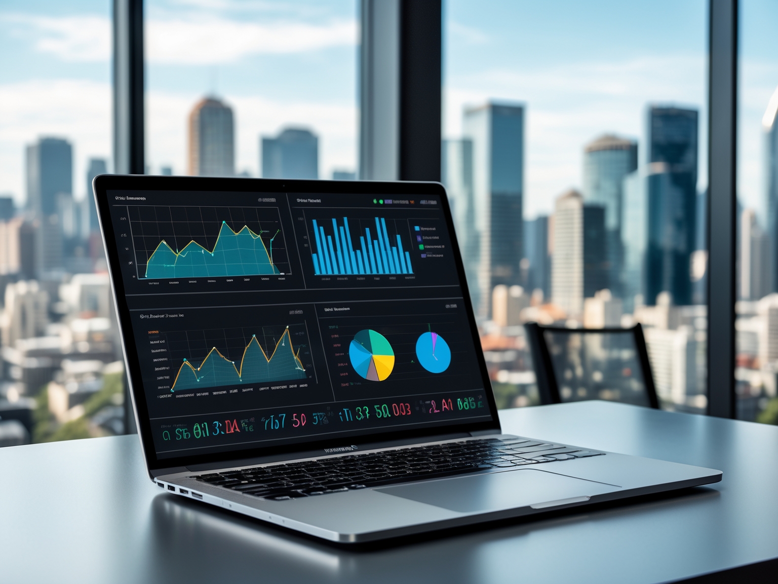 Professional laptop displaying AI data graphs on a modern desk with city skyline in the background