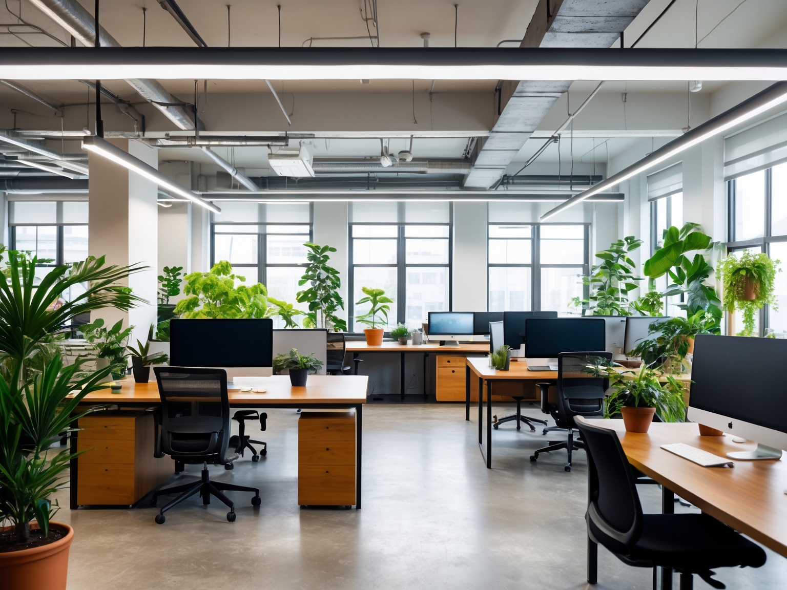 Professional open-plan office with desks, computers, and plants emphasizing collaboration