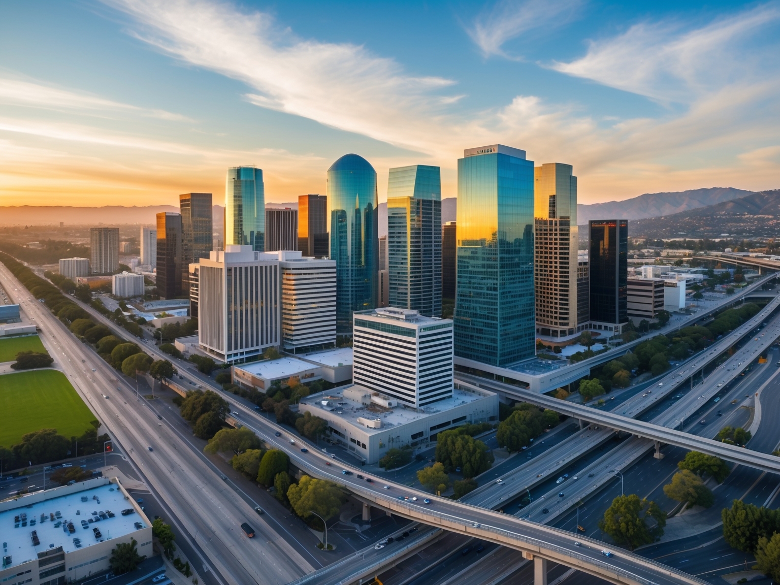 Aerial photography of San Jose city skyline with tech buildings and highways