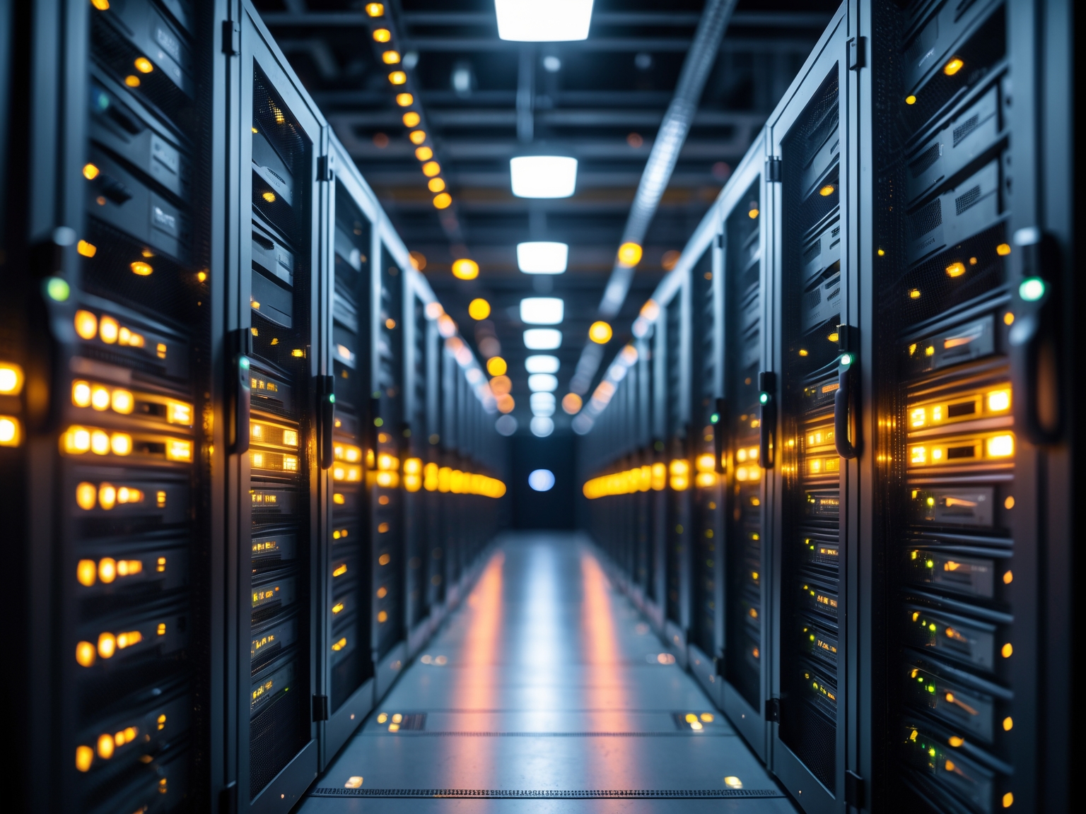 Rows of servers in a data center with glowing lights and security cameras