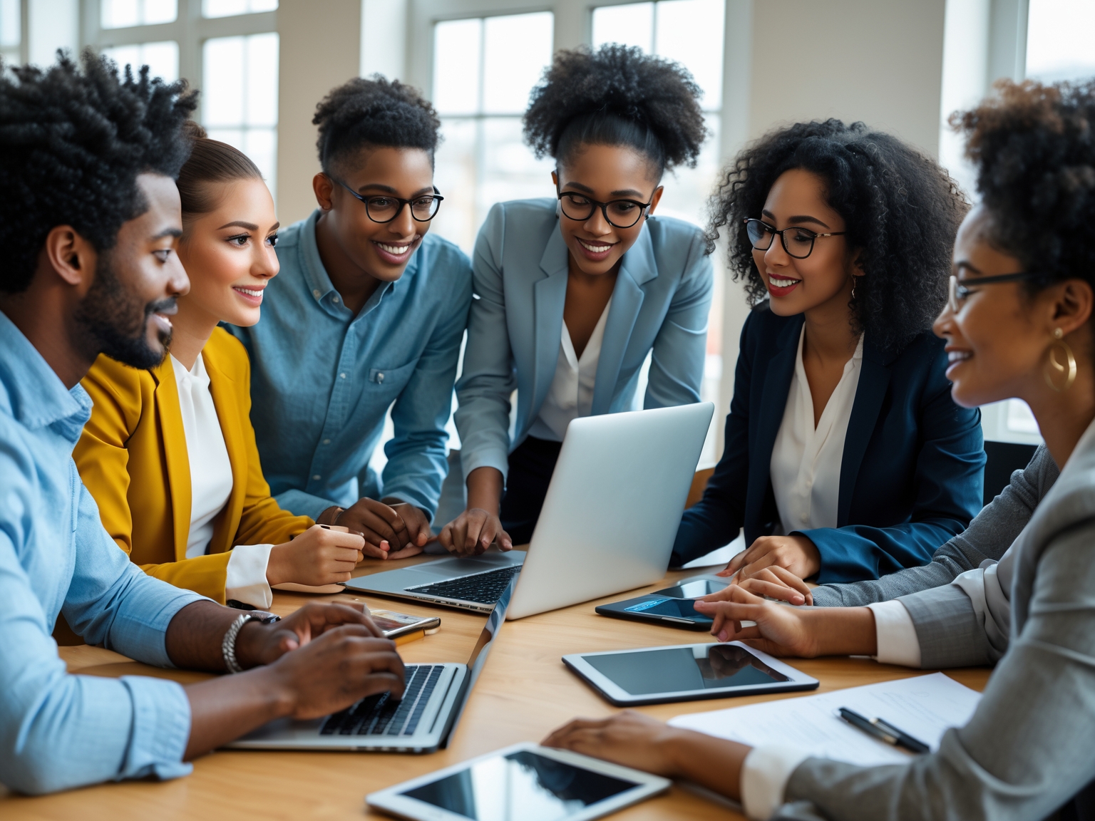Diverse group of young professionals collaborating around a conference table