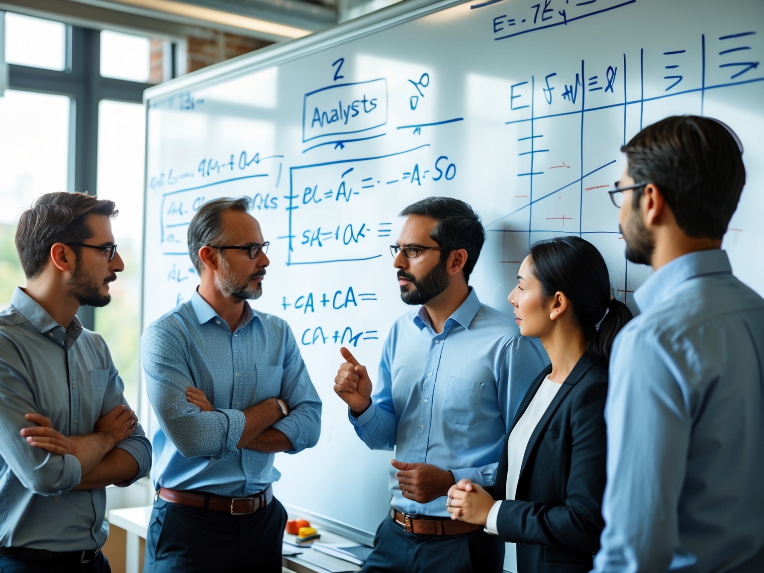 Team discussing ideas around a whiteboard with equations
